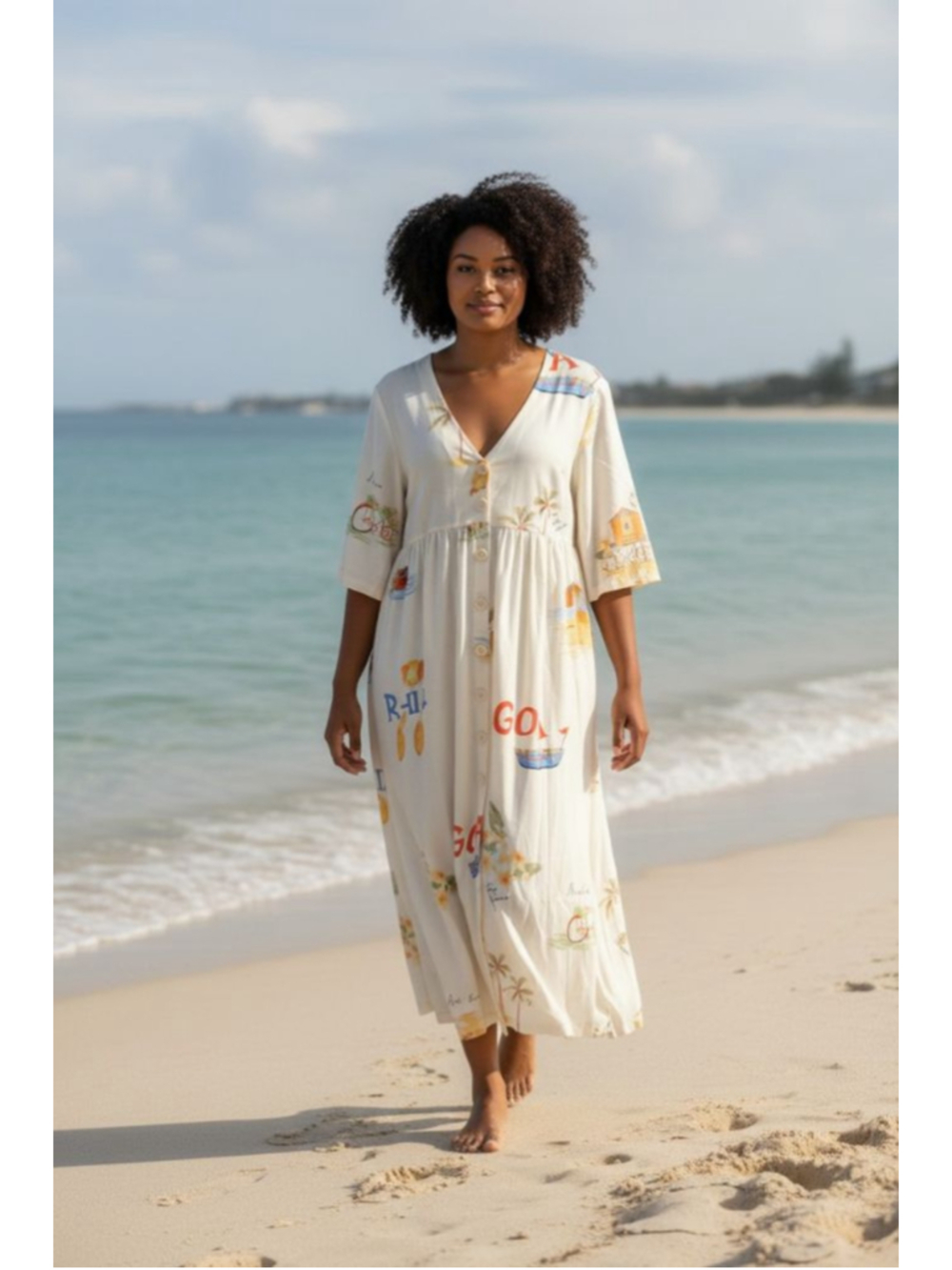 Unbranded Beige Multi-color Beach Print Maxi Dress M